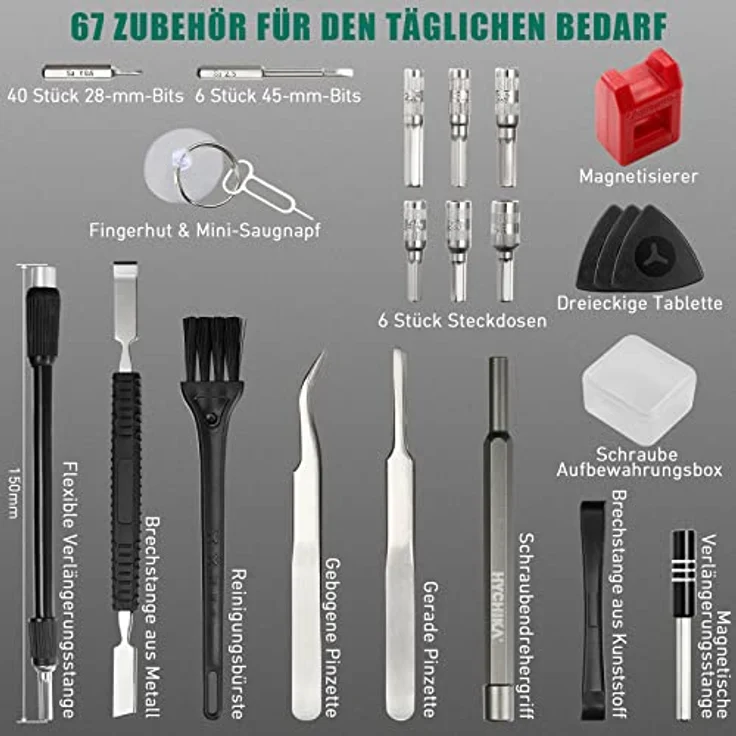 Elektrischer Schraubendreher Feinmechaniker Set, 67 in 1 HYCHIKA Mini Schraubenzieher Werkzeug set LED-Lichter USB Wiederaufladbar Magnetische Bohrer für PC Kamera Telefon Drohne Spielkonsole – Bild 4