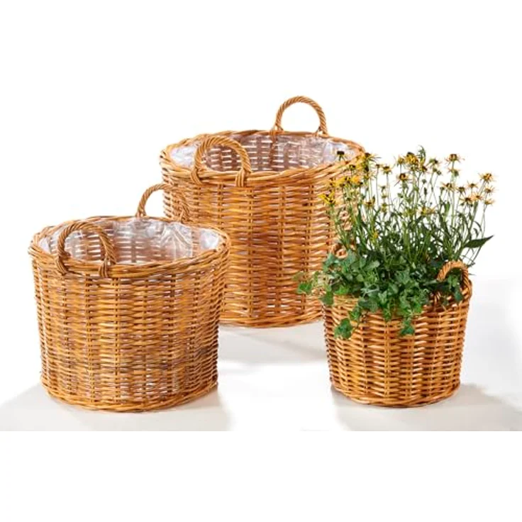 Kobolo Rattanübertopf Pflanzkorb Übertopf – Rattan lacak – rund - mit Folie - 3er Set – Bild 2