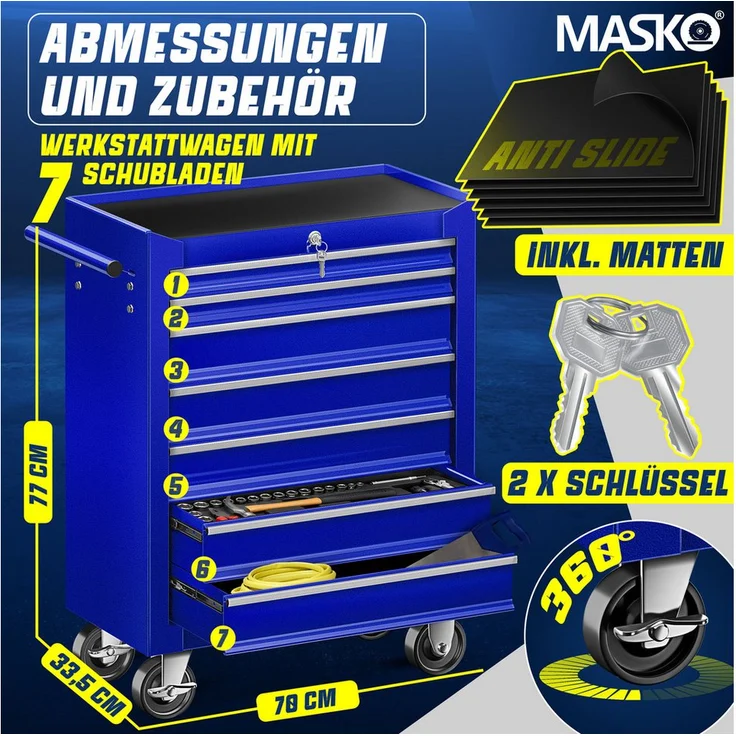MASKO Werkstattwagen Profi, abschließbarer Werkzeugwagen mit 7 Schubladen, massives Metall, blau, max. Traglast 26 kg, Rollwagen mit Schloss & 2 Schlüsseln