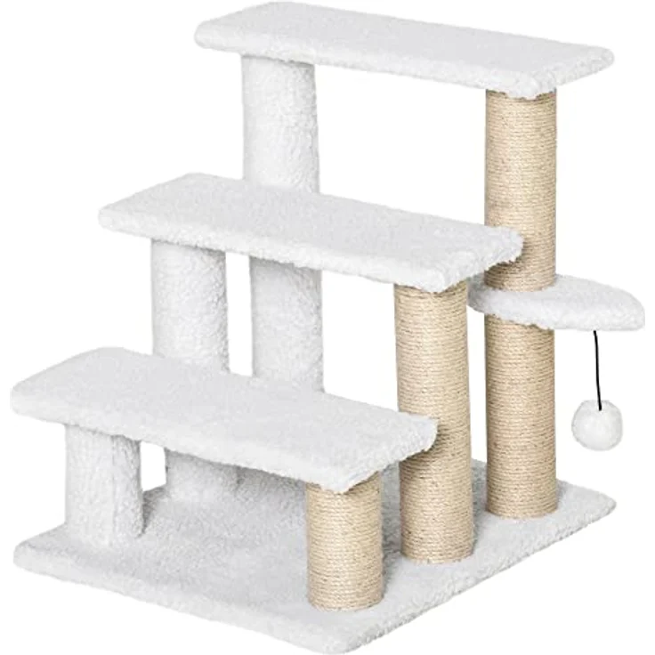 Pawhut Haustiertreppe mit Kratzbaum Ball 3-stufige Katzentreppe Hundetreppe Tiertreppe Spanplatte Plüsch Jute Weiß 45 x 40 x 48 cm – Bild 1