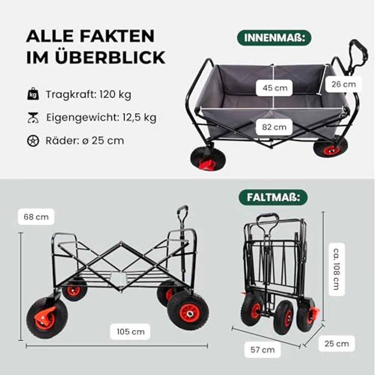 Lemodo Bollerwagen Faltbar mit Luftreifen, 120 kg Tragkraft, klappbarer Handwagen in grau für Strand, Camping & Garten – Bild 3