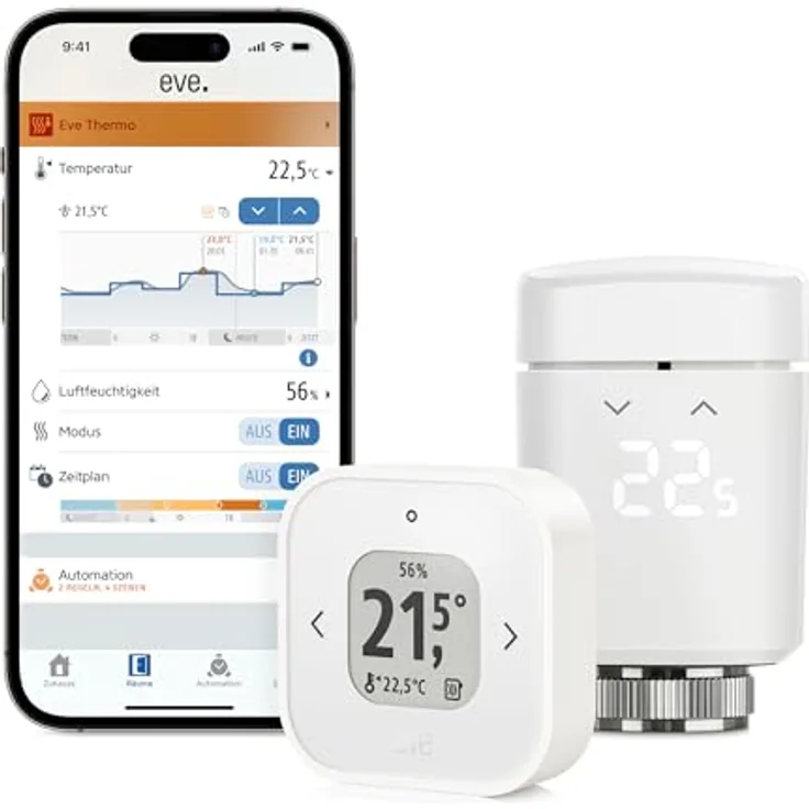Eve Thermo – Raumkomfort-Set für 1 Heizkörper, inkl. Eve Thermo Control, Smart Home kompatibel, Matter/Thread, für Apple Home, benötigt Apple TV 4K oder HomePod Mini