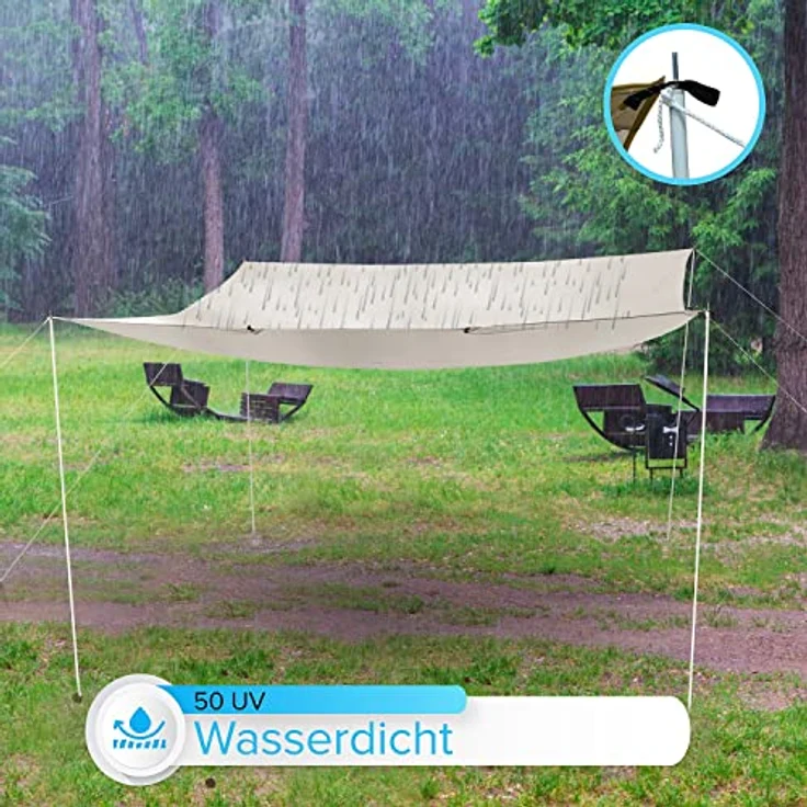 Defacto Sonnensegel Wasserdicht Rechteckig 3x4m UV-Schutz & Wetterschutz Sonnenschutz Set inkl Befestigungsseile mit 4 Stangen, für Balkon, Terrasse, Camping, Polyester | Beige – Bild 3