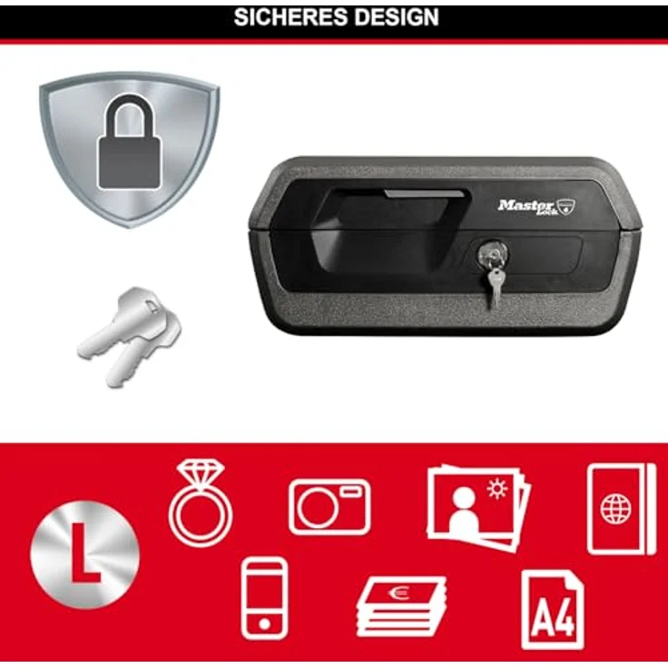 MASTER LOCK Sicherheitskassette [Feuer- und Wasserfest] [Large] [Schlüsselschloss] LCFW30100 Für Ausweise, A4-Dokumente, kleine Elektrogeräte, Juwelen usw. – Bild 5