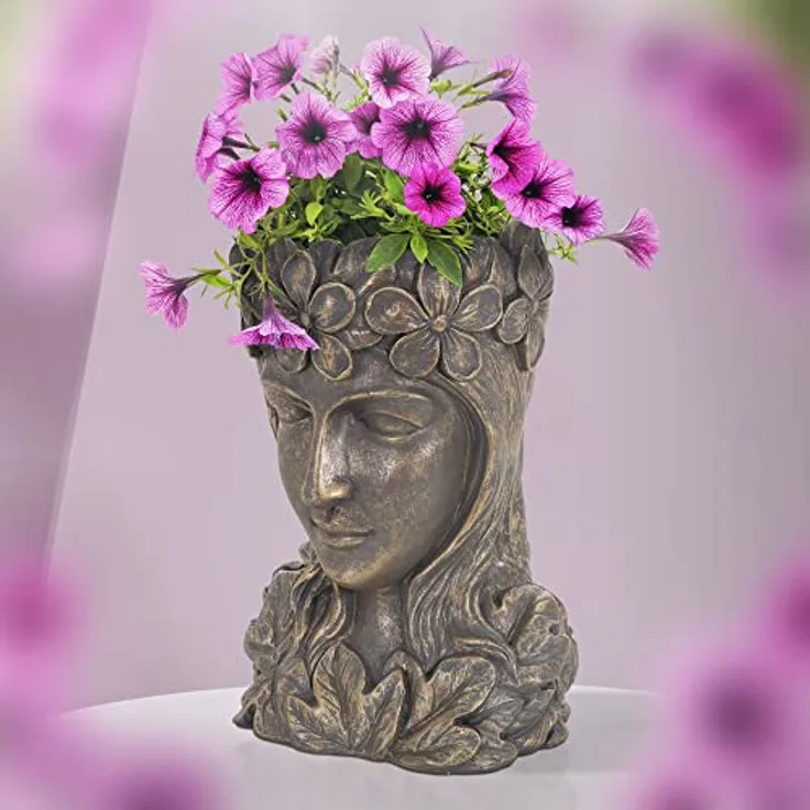 ML-Design Pflanztopf Frauenkopf Figur 21x16x32 cm Bronze Kunstharz, Innen/Außen, Groß Büste Skulptur, Weiblich Mädchen Statue Dame Gesicht Pflanzgefäß Blumentopf Übertopf Pflanzer Gartendeko Vase Urne