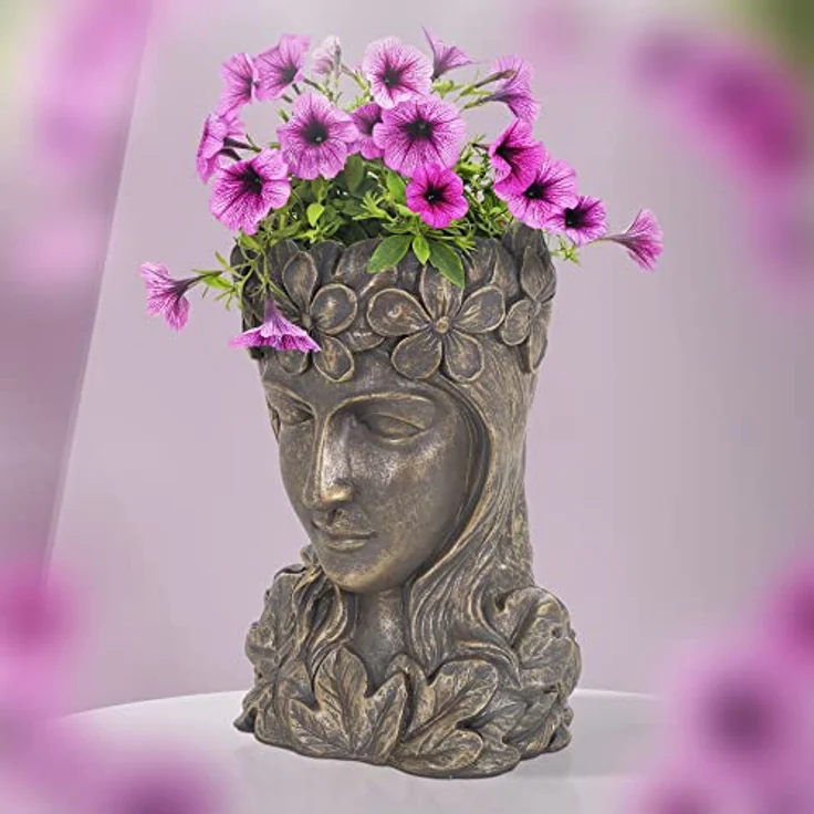 ML-Design Pflanztopf Frauenkopf Figur 21x16x32 cm Bronze Kunstharz, Innen/Außen, Groß Büste Skulptur, Weiblich Mädchen Statue Dame Gesicht Pflanzgefäß Blumentopf Übertopf Pflanzer Gartendeko Vase Urne – Bild 1