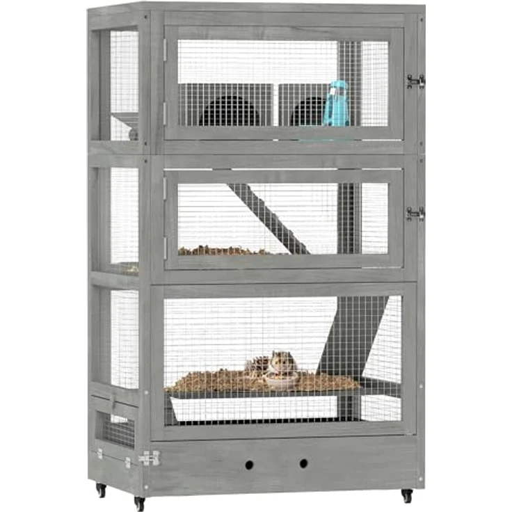 PawHut Zwerghamsterkäfig aus Holz, 65 x 45 x 109 cm Nagerkäfig mit Hütten, Wippe, Palette, Futterschalen, 4-Stufig Kleintierkäfig mit Schloss, Rampen, Rollen, Grau – Bild 1