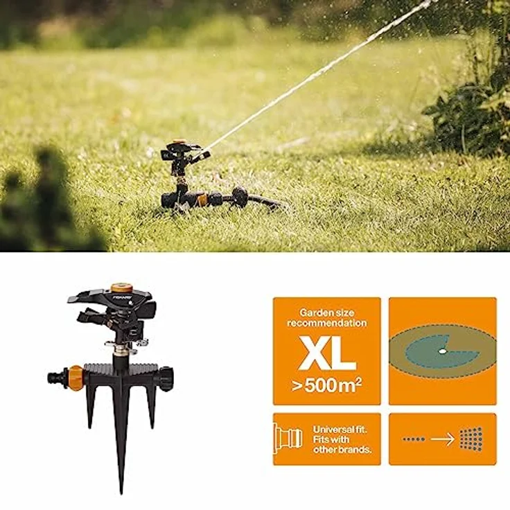 Fiskars Impuls-Sprinkler XL, Metallsprinkler mit Abstandsregelung, Sprühbild- und Rotationskontrolle, Ø 26 m Reichweite, Schwarz/Orange, 1023658 – Bild 3