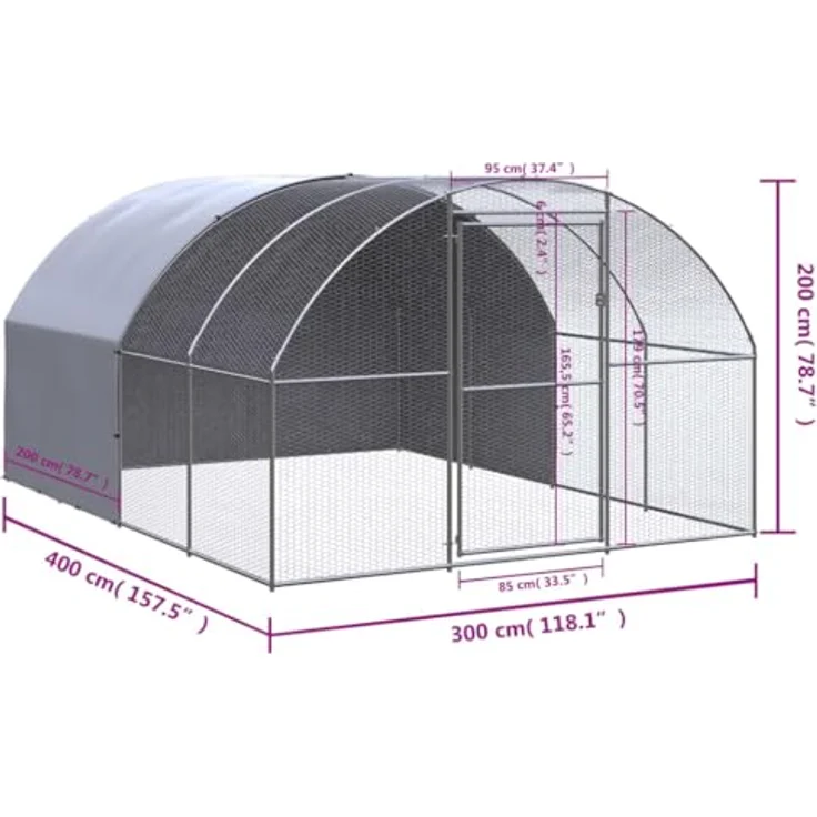 vidaXL Hühnerstall, Outdoor-Hühnerstall aus verzinktem Stahl, 3x4x2 m mit wasserfestem Dach, silber/silbergrau – Bild 3