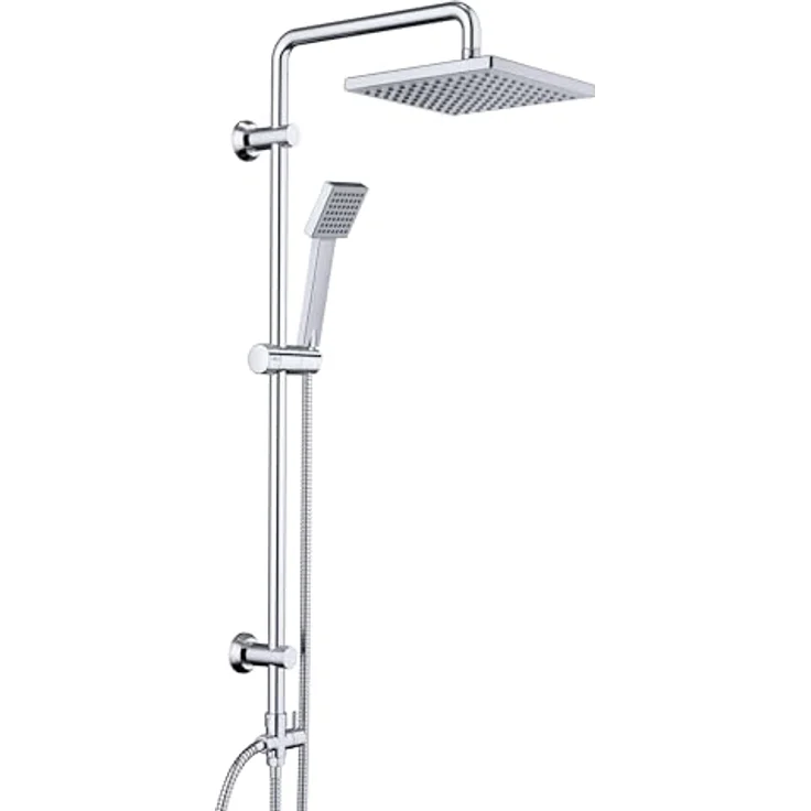 JOHO Edelstahl Duschsystem, Regendusche Duschset 20x20 cm aus ABS, wassersparend, Chrom, inkl. 3 Wege Umsteller, drehbare Duschstange, flexibler Handbrauseschlauch – Bild 1
