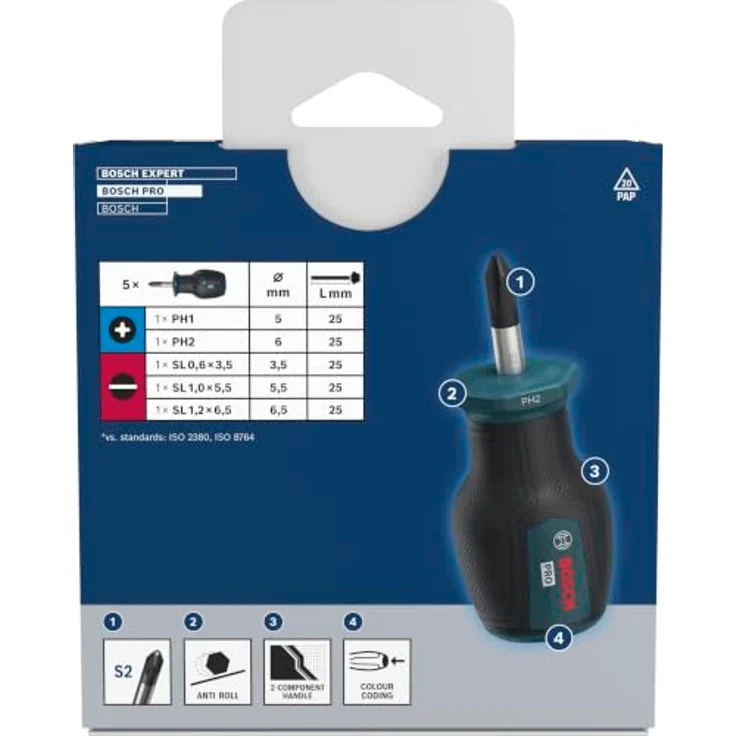 Bosch Professional 1600A03HU6 Schraubendreher-Set 5teilig, PH/Schlitz, S2-Stahlwelle für hohe Festigkeit und Drehmomentbeständigkeit – Bild 4