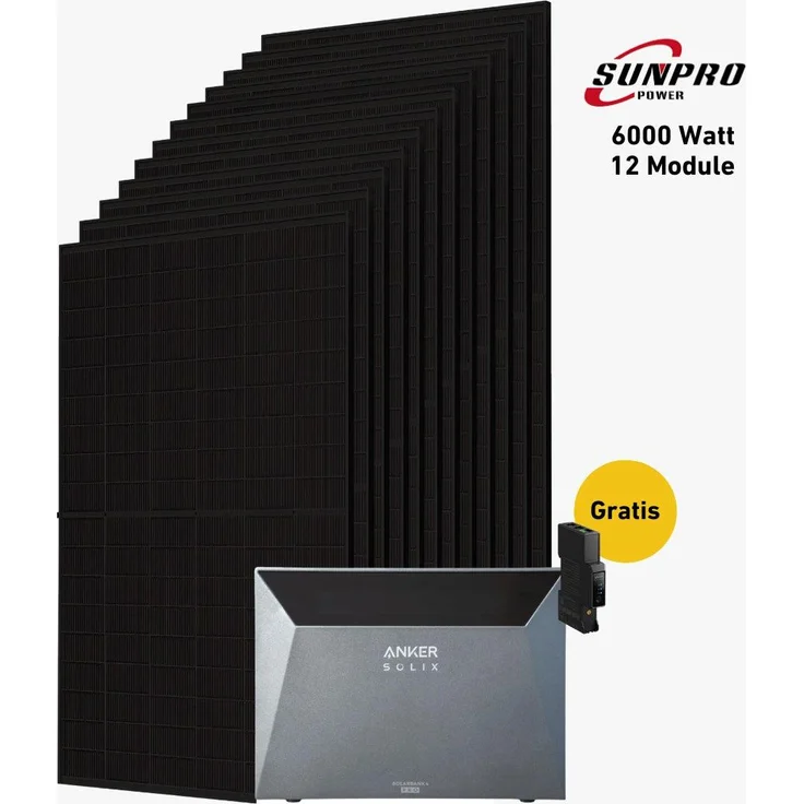 Balkonstrom Balkonkraftwerk 6000W, Komplettset mit 1x Zusatzspeicher, 12x Bifazialen Solarmodulen, Anker Solix 4 Pro und 15m Kabel