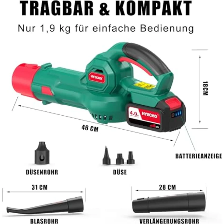 HYECHO Laubbläser 223 km/h, Akku 18V 4,0Ah mit 3 Aufblasdüsen, ergonomisch, Grün – Bild 6