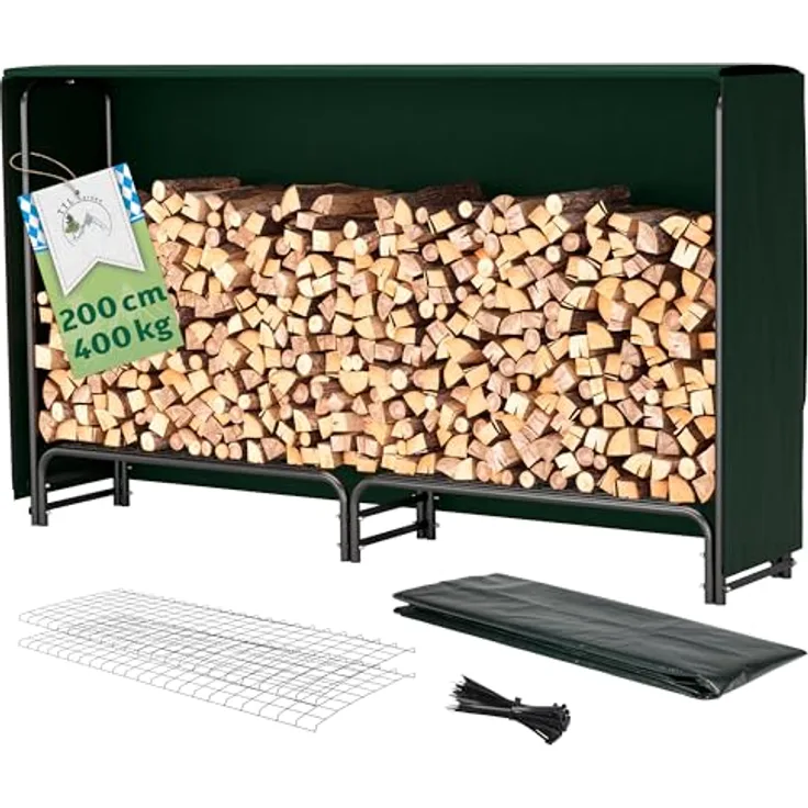 TTL GARDEN Kaminholzregal M, 200x36x116cm schwarz mit wetterfester Abdeckung, Metall Stahlrohrrahmen, für innen und außen, bis 400kg Holz, Gitterboden, rostfrei