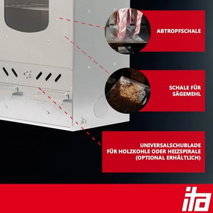 ITA Smoker Räucherofen 7012 - Premium Räucherschrank mit Sichtfenster & Kaminabzug, Legierter Stahl, 3 Etagen – Bild 4
