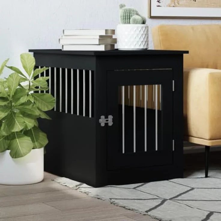 vidaXL Hundekäfig im Möbelstil, Abschließbar Hundebox mit Tür, Hundehütte Beistelltisch mit 2-in-1-Funktion, Hundehaus Haustierkäfig, Schwarz 55x75x65 cm Holzwerkstoff – Bild 2