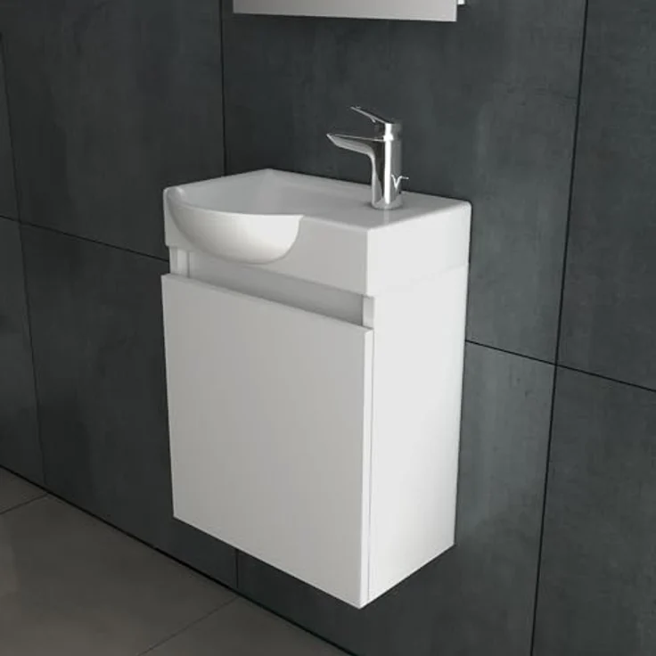 Alpenberger Waschbecken mit Unterschrank Hängend | Aufsatzwaschbecken mit Unterschrank | Gäste WC Möbel Waschbecken Klein| Waschtisch Waschbeckenunterschrank Weiß (Lugano 450 L) – Bild 4