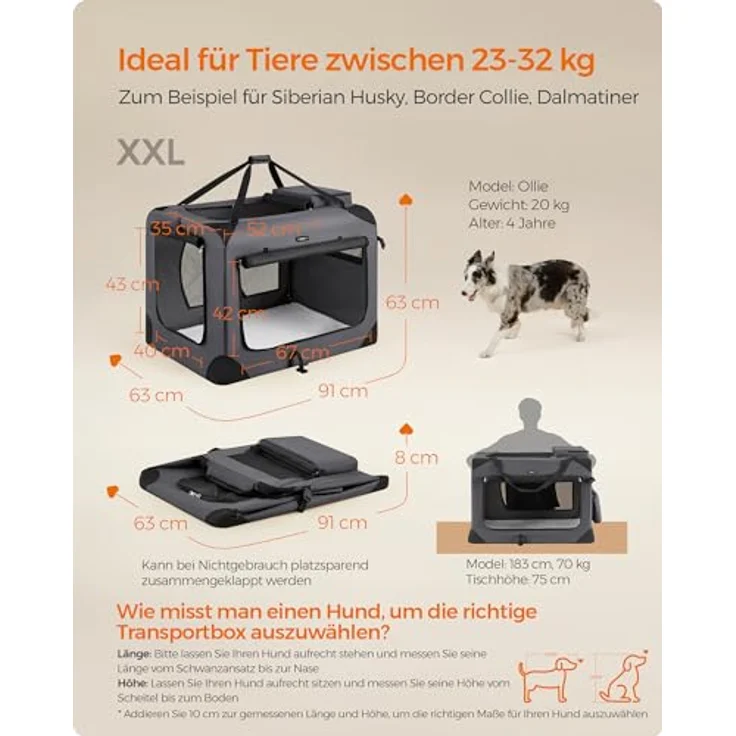 Feandrea Hundebox faltbar, Transportbox Hund, XXL, atmungsaktiv, grau – Bild 3