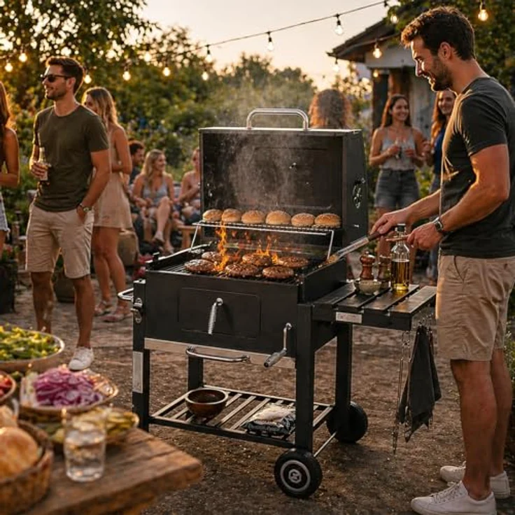 Strattore Holzkohlegrill / BBQ XL Grillwagen, schwarz, mit stufenlos verstellbarem Kohleeinsatz – Bild 5