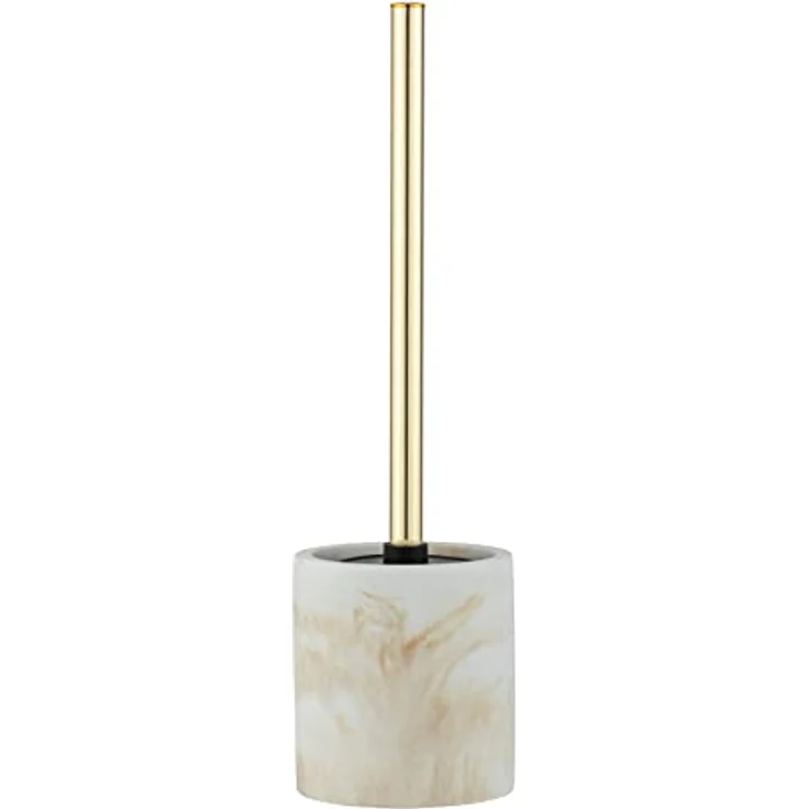 WENKO WC-Garnitur Odos, hochwertiger Bürstenhalter aus stabilem Polyresin in Marmor Optik, inklusive Toilettenbürste, Ø 7,5 x 37 cm, Weiß/Gold – Bild 1