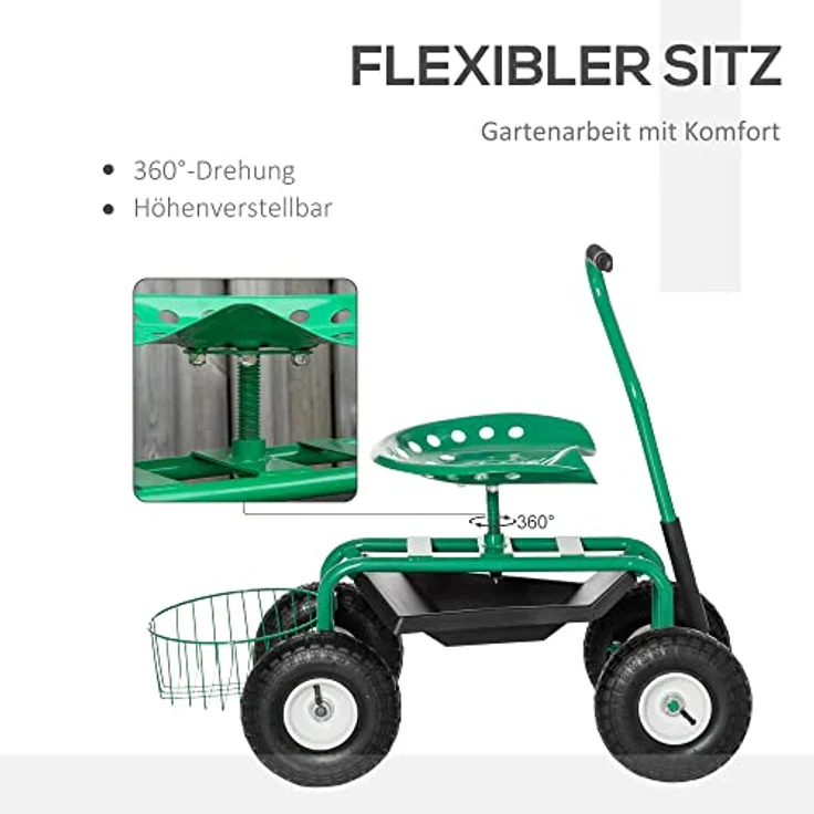 Outsunny Rollsitz 360° drehbar, höhenverstellbarer Gartenwagen mit Ablagefläche und Mobilen Rollen, belastbar bis 150 kg, Grün – Bild 4