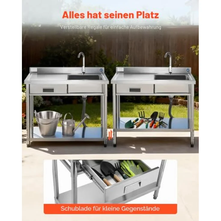 VEVOR Edelstahl Spültisch mit Einzelbecken, Wasserhahn & Schublade, 100 x 50 x 94 cm, für Garage, Restaurant und Wäscherei, Arbeitsplatte links – Bild 3