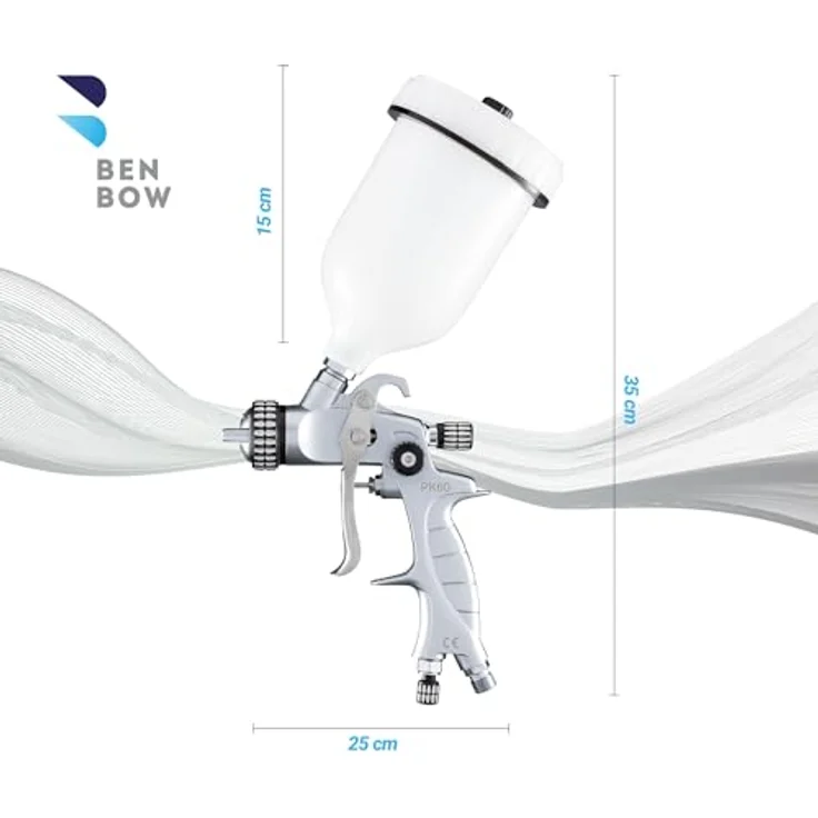 BENBOW Lackierpistole PK60, HVLP Set mit 1,4 mm + 1,8 mm Düsen, 600 ml Lackbehälter und Koffer, professionelle Spritztechnik – Bild 3