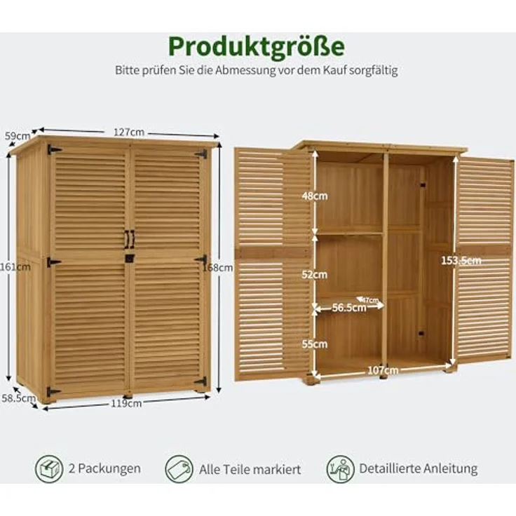 M MCombo Gartenschrank Holz, Gartenhaus Klein Wetterfest, Outdoor Gerätehaus Geräteschuppen, für Außenbereich Balkon Terrasse, 59×127×168 cm, 0901D (Natur) – Bild 3