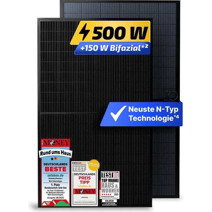 Solakon Solarmodul 500W N-Type bifaziales monokristallines Glas-Glas Solarpanel, 40V für Balkonkraftwerk/Solaranlage mit hoher Leistung und Effizienz