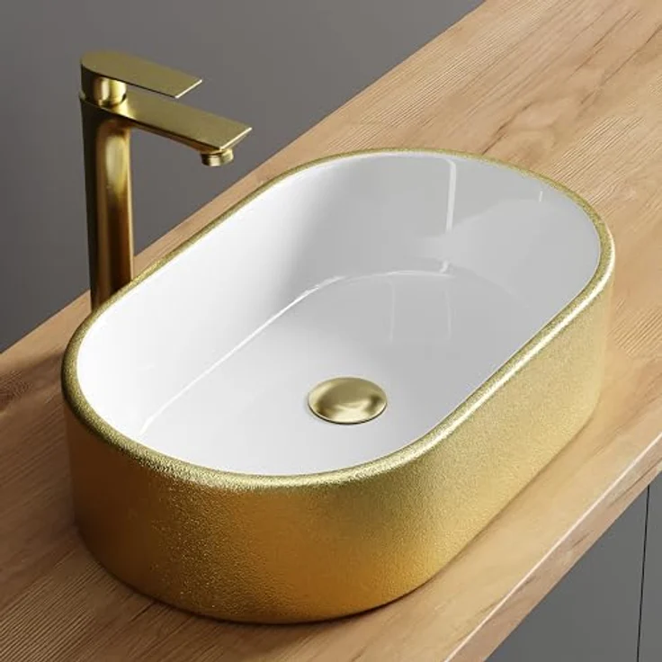 Planetmöbel Aufsatzwaschbecken Aquil, ovales Badezimmer Waschbecken 55 cm, glänzende goldene Oberfläche für Waschtisch – Bild 1