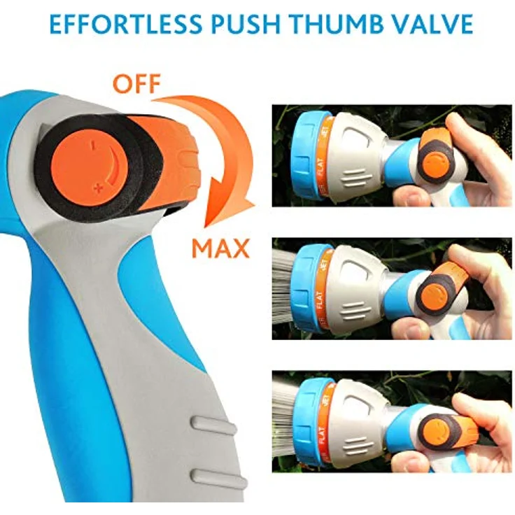 GRÜNTEK Metall-Gartenbrause, Multifunktions-Handbrause mit 7 Düsen, stufenlos einstellbarer Wasserstärke, ergonomischer gummierter Griff, stoßfest und leichtgewichtig – Bild 2