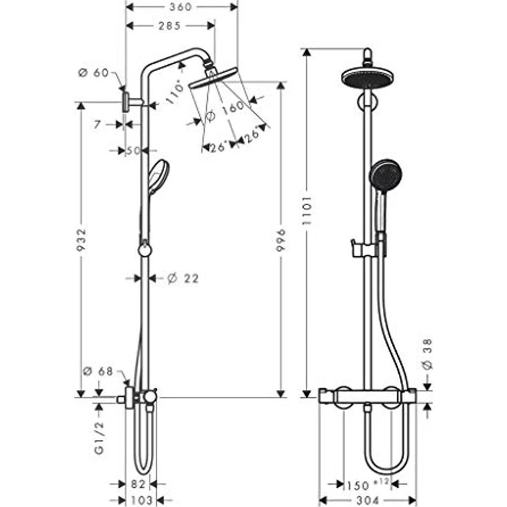 hansgrohe Duschsystem Croma 160 (Regendusche mit 4 Strahlarten, Duschkopf, Duschstange und Thermostat) chrom – Bild 6