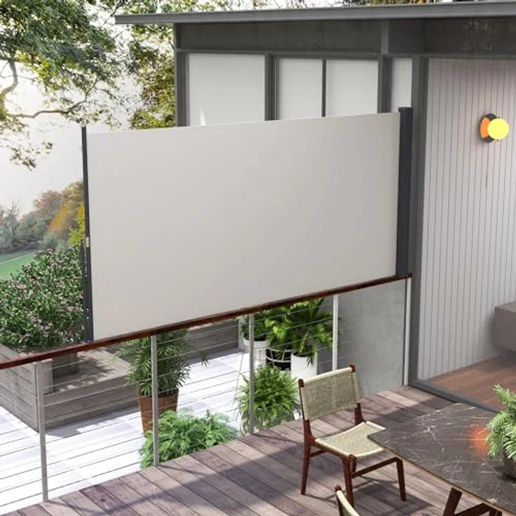 Outsunny Seitenmarkise Ausziehbar, 300 x 140cm Gartenmarkise, Sichtschutzwand mit UV-Schutz, Windschutz, Metall, für Terrasse, Balkon, Polyester, Hellgrau – Bild 2