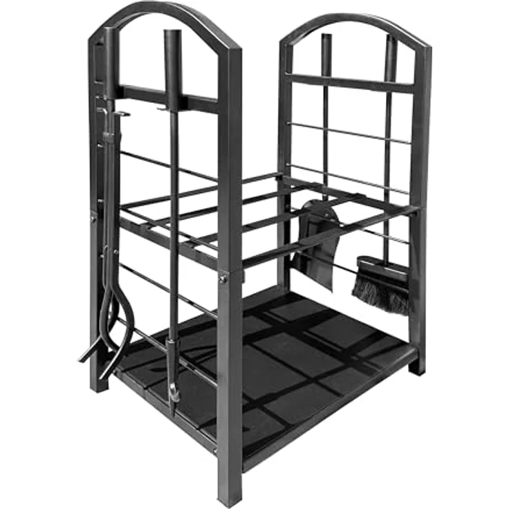 QUICK STAR Metall Kaminholzregal 45x30x74 cm Schwarz | 2 Ebenen, 5-teiliges Set mit Schaufel, Zange, Bürste und Schürhaken, Stahl Kaminholzständer für Innen & Außen – Bild 5