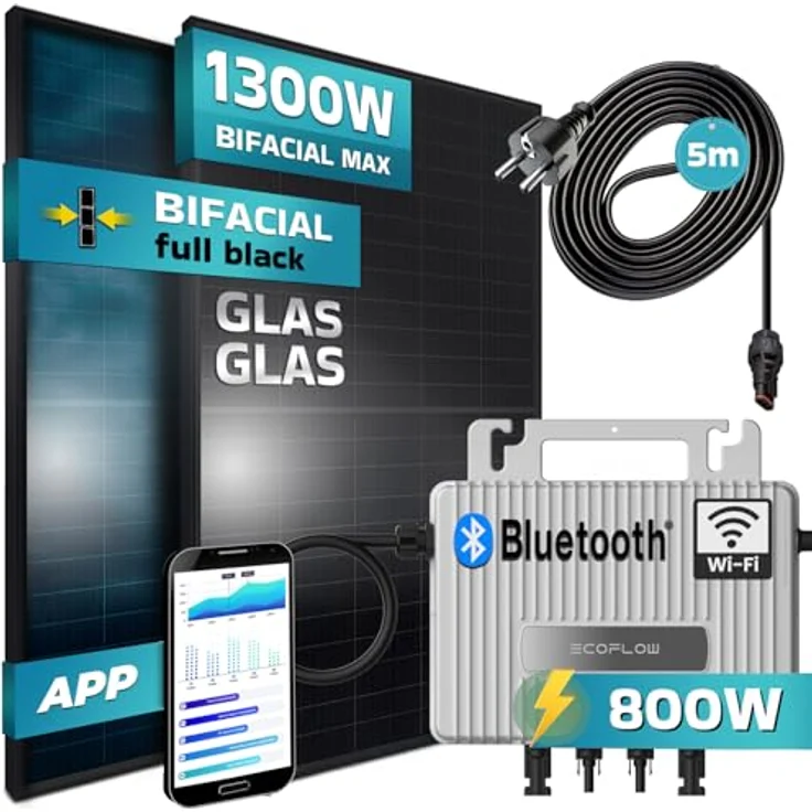 SUNNIVA® 1300W Balkonkraftwerk, komplettes Set mit 800W Eco Flow Wechselrichter, 2x 500W bifazialen Glas-Glas Modulen, schwarz und 5m Kabel – Bild 2