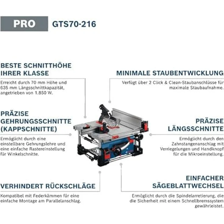 Bosch Professional GTS 70-216, Tischsäge mit 1850 W Motor, 70 mm Schnitthöhe, Zubehör und Sägeblatt im Karton – Bild 3