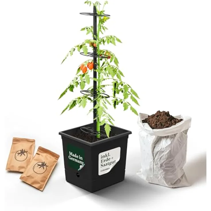 VERDOBA Tomatentopf Anzuchtset, 3,5L Wasserspeicher, 20L torffreie Kokoserde & Bio Buschtomaten Samen, in Deutschland produziert