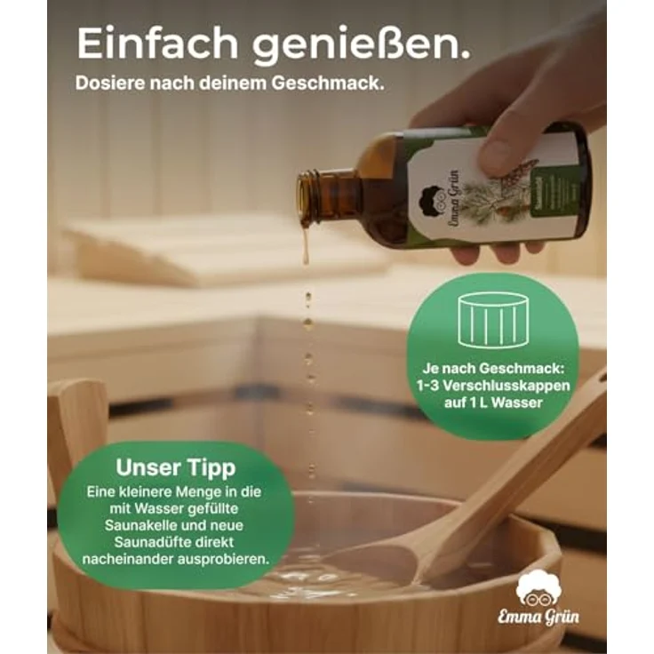 Emma Grün Zirben Sauna-Aufgussset mit ätherischem Öl aus Zirbelkiefer & österreichischer Tanne, 100 ml - Holzig-würziger Duft für 10-20 Saunagänge – Bild 3