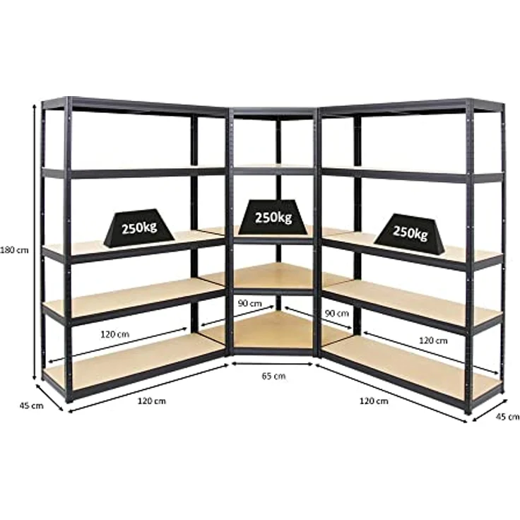 Proregal Eckregal Mega Deal + 2x Schwerlastregal Big Elephant S, 5 verstellbare Böden, Traglast 250 kg pro Boden, einfache Steckmontage, H x B x T: 180 x 90 x 219 cm – Bild 2
