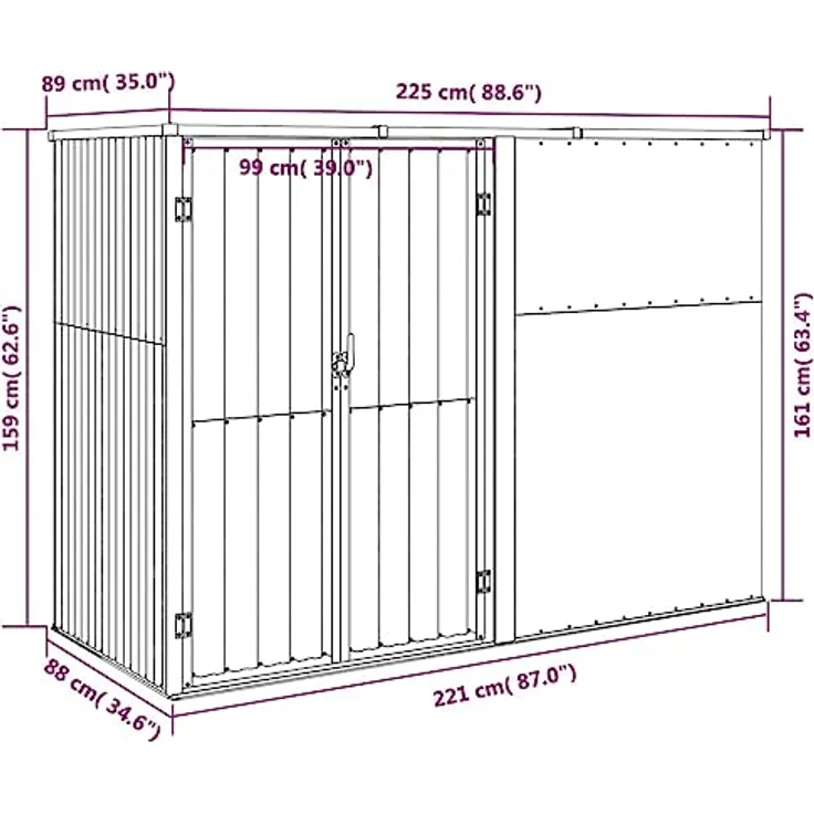vidaXL Gerätehaus Geräteschuppen Gartenhaus Gartenschuppen Schuppen Lagerschuppen Werkzeugschuppen Grau 225x89x161cm Verzinkter Stahl mit schrägem Dach – Bild 3
