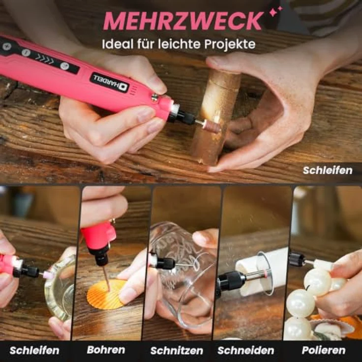 HARDELL Mini Akku Rotationswerkzeug, 5 Geschwindigkeiten (5000-18000 U/min), 3,7V mit LED, 69-teiliges Zubehörset für Gravur von Resin, Holz und Glas (pink) – Bild 4