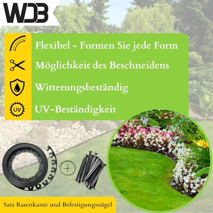 WDB Flexible Rasenkante aus Kunststoff, 20m lang und 5cm hoch, mit 40 Befestigungsnägeln, schwarz RAL 9005, witterungsbeständig und einfach zu installieren – Bild 3