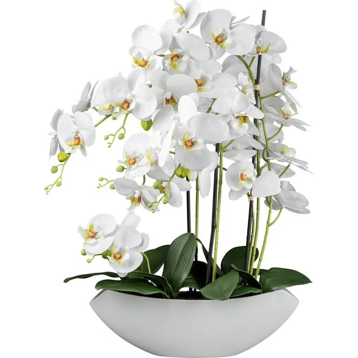 Dahlia Studios Kunstblume Orchidee Arrangement in weißem Keramiktopf, 70 cm, realistische Optik, pflegeleicht