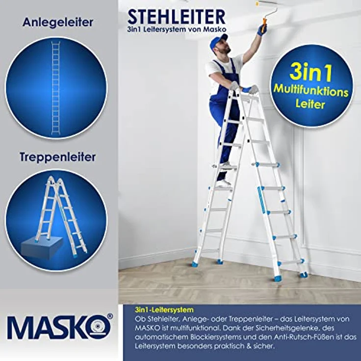 Masko Aluminium Teleskopleiter Multifunktionsleiter Aluleiter Klappleiter Anlegeleiter 5.10m - 4x5 Sprossen Silber-Blau – Bild 4