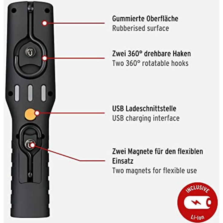 Brennenstuhl Akku Handleuchte HL 500 A/Arbeitsleuchte LED Akku mit Magnet und 6 SMD-LED´s (Inspektionsleuchte mit max. 10h Leuchtdauer, 500+120lm, 360° drehbarer Haken, knickbarer Haltefuß) – Bild 3