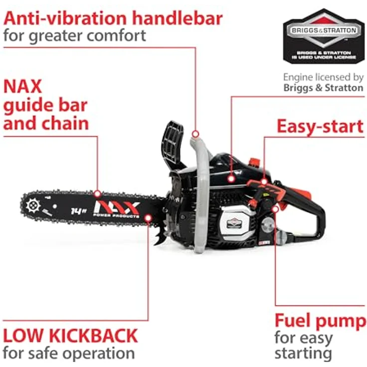 NAX POWER PRODUCTS 200C Motor 37 cm3 1,2kW Führungsschiene 14'' 35cm Anti-Rückschlag-System Low Kickback Briggs & Stratton Lizenzware Benzin-Säge Kettensäge, Schwarz – Bild 3