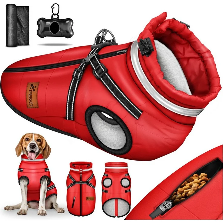 TRESKO Hundejacke Winter mit Geschirr, wasserdicht, inkl. 15 Kotbeutel und Spender, reflektierend, für kleine und große Hunde