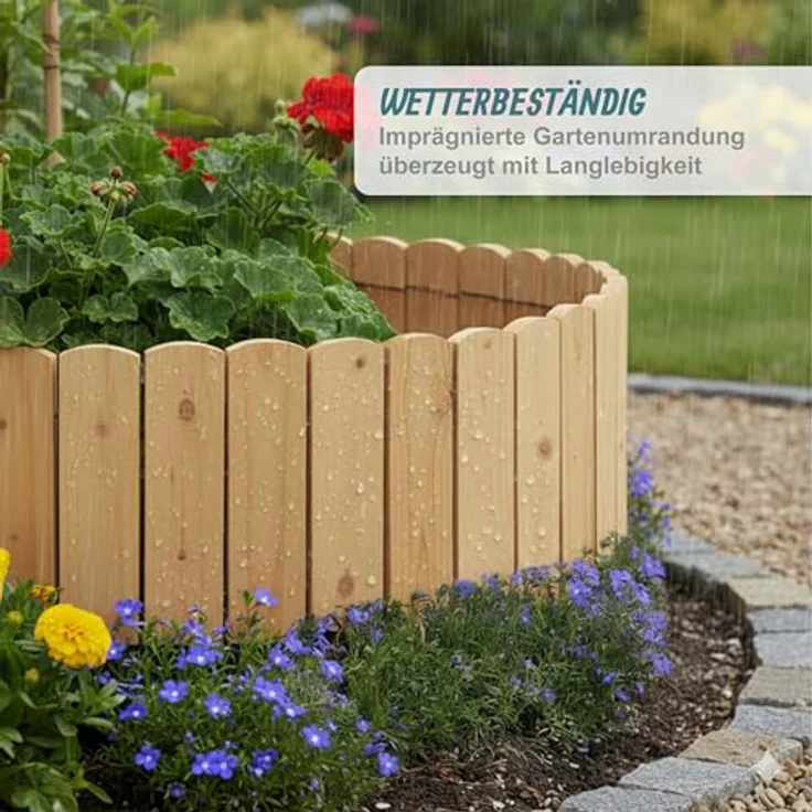 Relaxdays Beeteinfassung, flexibler Steckzaun aus Tannenholz, 200 cm lang, Sichthöhe 30 cm, hellbraun – Bild 2