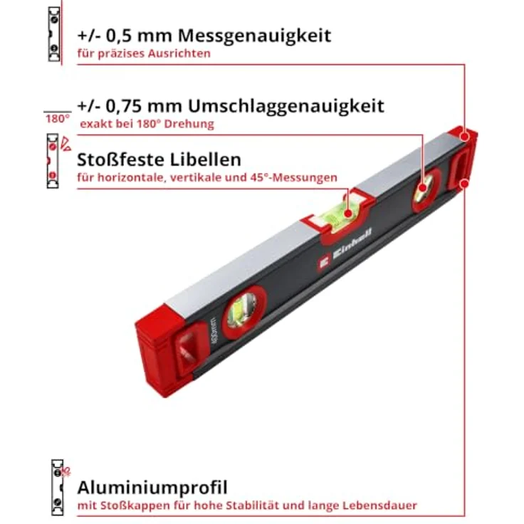 Einhell 3-tlg. Profi-Wasserwaagen-Set, 40/60/100 cm, hohe Messgenauigkeit, stoßfeste Libellen, stabiles Aluminiumprofil, inklusive Tragetasche – Bild 2