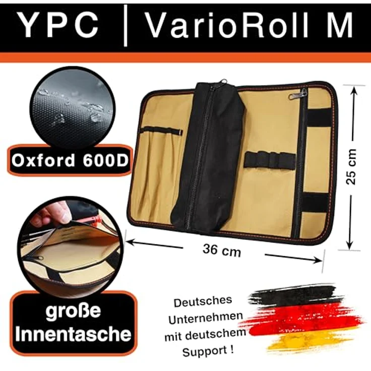 YPC VarioRoll M, Werkzeugrolltasche 36x25cm mit 2 Reißverschlusstaschen, 4 Steckfächern, 4 Schlaufen, wasserfestem Oxford 600D Polyester – Bild 2